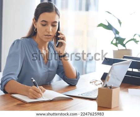 Business, woman writing and phone call in office, conversation or confirm schedule. Female employee, assistant or administrator make notes, cellphone for connection or planning for marketing calendar
