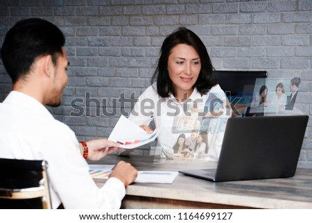Business Woman Are you planning to do business looking for information from laptop strategy the team around the world to understand the work in the same direction of  company. Human Resource Concept