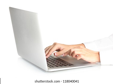 Business Woman's Hands Typing On Laptop Computer, On White Background Close-up