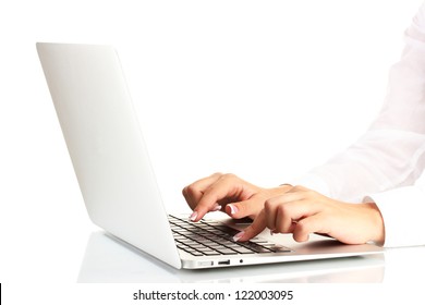 Business Woman's Hands Typing On Laptop Computer, On White Background Close-up