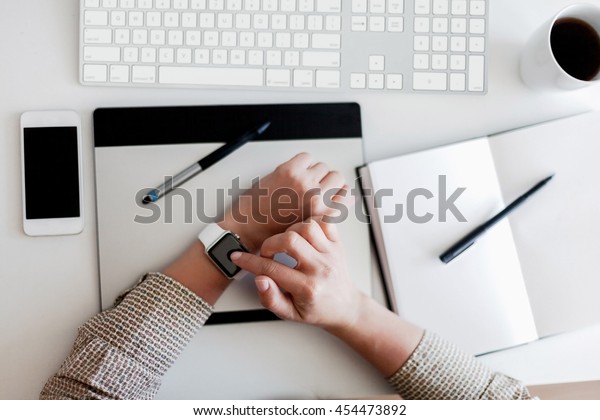 Business Women Checking Her Digital Watch Stock Photo (Edit Now) 454473892