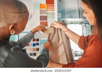 Business, women and fabric as fashion designer at office with patterns for clothing and style project . Startup, employees and creative director with teamwork, collaboration and coworking as stylist - Powered by Shutterstock