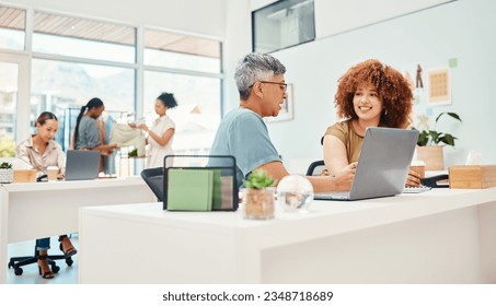 Business women, fashion designer and planning, teamwork or brainstorming in office workspace for startup. Professional people with collaboration, design inspiration and laptop for clothes management - Powered by Shutterstock