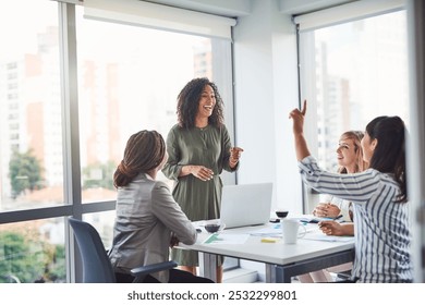 Business women, presentation and meeting question with PR management and planning campaign project. Laptop, professional and diversity at agency with press release and brand development in office - Powered by Shutterstock