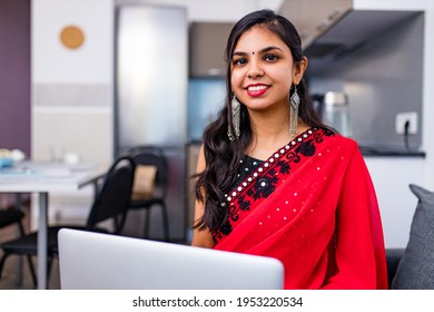 Business Women In Sari Laptop Working In Living Room At Home