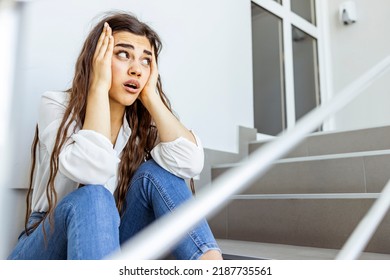 Business Women Are Stressed From Work While Sitting In Front Of The Stairs The Balance Of Work Life, The Concept Of Fatigue From Pressing Business Problems In The Covid Period.