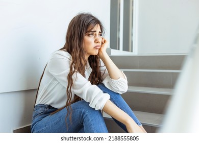 Business Women Are Stressed From Work While Sitting In Front Of The Stairs The Balance Of Work Life, The Concept Of Fatigue From Pressing Business Problems In The Covid Period.