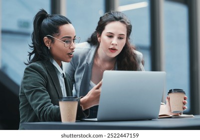 Business women, talking and laptop meeting at coffee shop, finance startup and team for investment. Employees, networking and outdoor restaurant for collaboration, online planning and review budget - Powered by Shutterstock