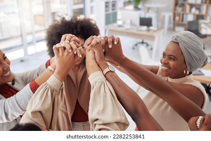 Business women, teamwork and holding hands for support, team building or collaboration. Diversity, group or happiness of people or staff together for motivation, trust or solidarity, unity or synergy - Powered by Shutterstock