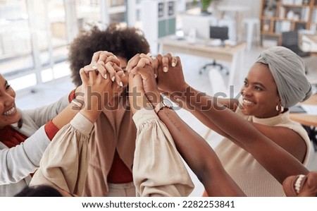 Business women, teamwork and holding hands for support, team building or collaboration. Diversity, group or happiness of people or staff together for motivation, trust or solidarity, unity or synergy