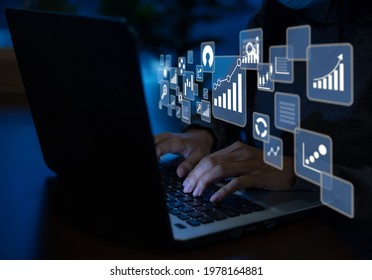 Business women use laptops for big data analysis and business intelligence marketing planning ideas