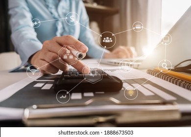 Business Women Working On Desk Office With Using A Calculator To Calculate The Numbers, Finance Accounting Concept.