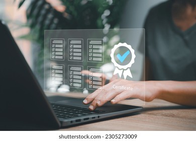 Business work and Assessment for the certificate concept, Women use laptop evaluation online survey exam and choose the right answer in the exam international standard certification of product - Powered by Shutterstock