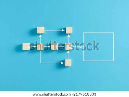 Business workflow and process automation flowchart. Wooden cube blocks representing work process management on blue background