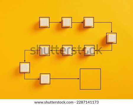 Business workflow and process automation flowchart. Wooden cube blocks representing work process management on yellow background