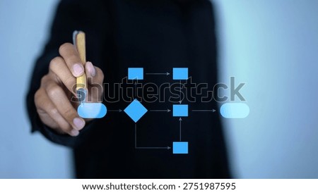 Business workflow and process flowchart concept showing hand drawing digital diagram with decision nodes and process steps, representing workflow management, business process planning and operational strategy.