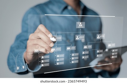 Business workflow process management concept. Workflow automation system with data diagram of the hierarchical structure of departments in business organization. digital transformation.