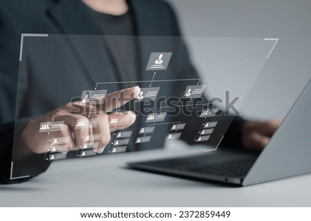 Business workflow process management concept. Workflow automation system with data diagram of the hierarchical structure of departments in business organization. digital transformation.