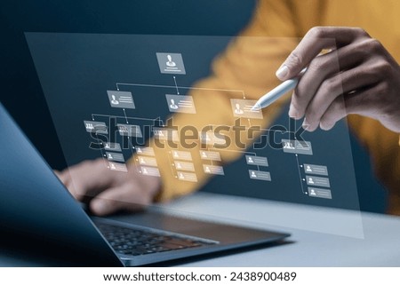 Business workflow process management concept. Workflow automation system with data diagram of the hierarchical structure of departments in business organization. Hr, human resource management.