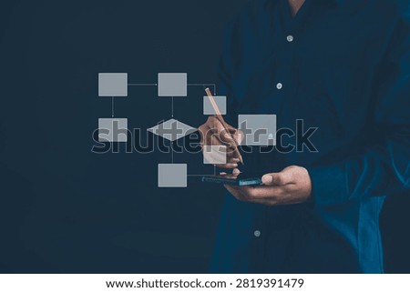 Business workflow and process mapping concept with professional using smartphone and digital flowchart. Representing workflow design, process automation, decision making, and operational efficiency.