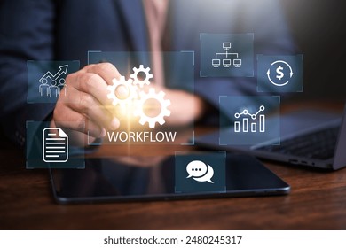 Business workflow process optimisation, businessman using a software to optimise workflow process. business automation concept.