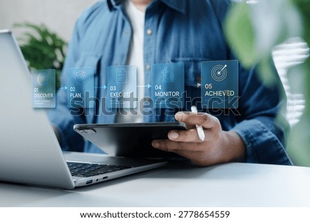 Business workflow strategy roadmap with digital process stages from discovery planning execution monitoring to achieved goals, professional using tablet and laptop in modern office environment