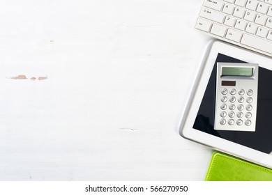 Business workspace table composed with different office stationary staff
