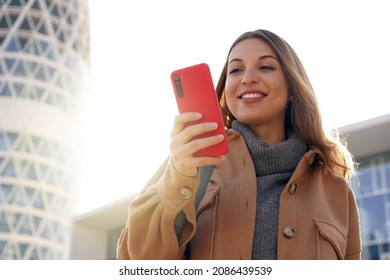 Business Young Beauty Ethnic Woman Wearing Coat Using Telephone Walking Outdoors