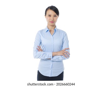 Business Young Woman In Blue Shirt, Standing. With Arms Crossed