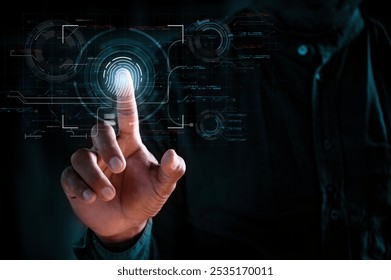 Businessman access scan fingerprint biometric identity and approval, Secure access granted by valid fingerprint scan.
