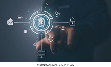 Businessman access scan fingerprint personal identity and authorization. Secure access granted by valid fingerprint scan, cyber security on internet. cybernetic business concept. - Powered by Shutterstock