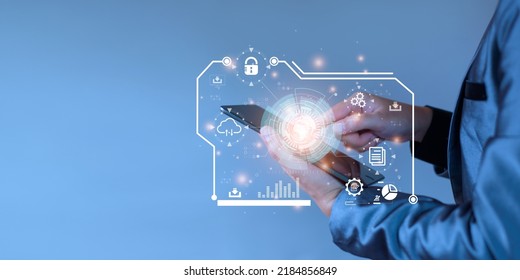 Businessman accessing the Cloud Computing Technology Internet Storage Network Concept And a large database big data Through internet technology. Digital business data, Future Data Network Management.