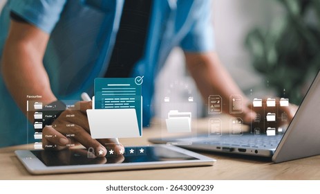 Businessman accessing secure digital files using tablet and laptop with cloud folder interface, data icons, and password protection. Concept of cloud storage and file management.