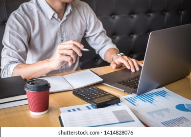 Businessman Accountant Working Audit And Calculating Expense Financial Annual Financial Report Balance Sheet Statement, Doing Finance Making Notes On Paper Checking Document.