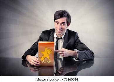 Businessman advertising a product