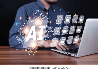 Businessman AI, artificial intelligence in modern medical technology and IOT automation. Doctor using AI document management concept.	