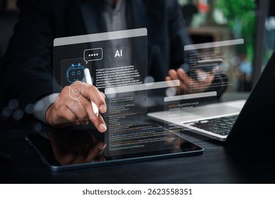 Businessman with AI chatbot interface and coding screen. Concept of artificial intelligence, virtual assistant, and digital transformation customer service, coding, and futuristic technology.