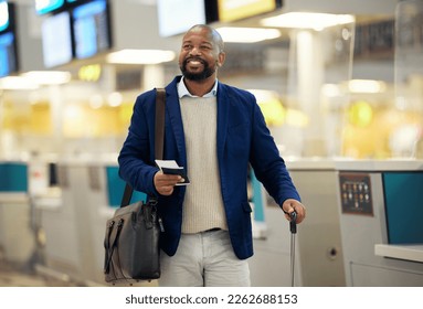 Businessman, airport and passport with plane ticket ready for travel, departure or flight time by help desk. African American male waiting at airline terminal with documents for traveling services - Powered by Shutterstock