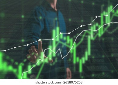 Businessman analysing trading  up trend line graph in bull market, Digital analytics data visualization, financial schedule Currency and Exchange Stock Chart for Finance and Economy Display