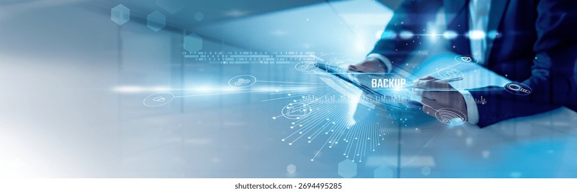 Businessman analysis backup systems and data recovery, disaster preparedness, cloud storage, cybersecurity measures, file protection, system resilience