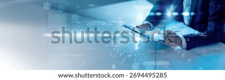 Businessman analysis backup systems and data recovery, disaster preparedness, cloud storage, cybersecurity measures, file protection, system resilience