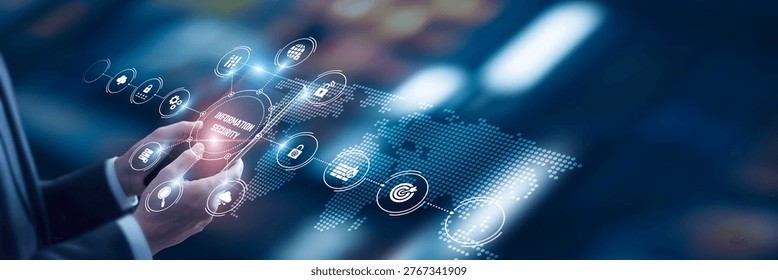 Businessman analysis of data Information Security technological and cyber risk management systems, encryption frameworks, endpoint protection platforms, identity verification tools