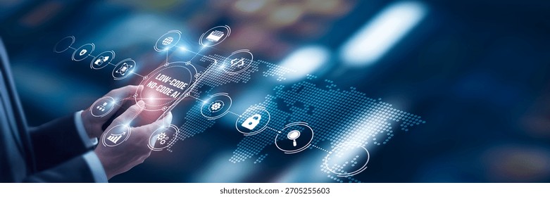Businessman analysis of data Low-Code No-Code AI technological and app development platforms, workflow automation systems, AI integration tools, enterprise digital transformation solutions.