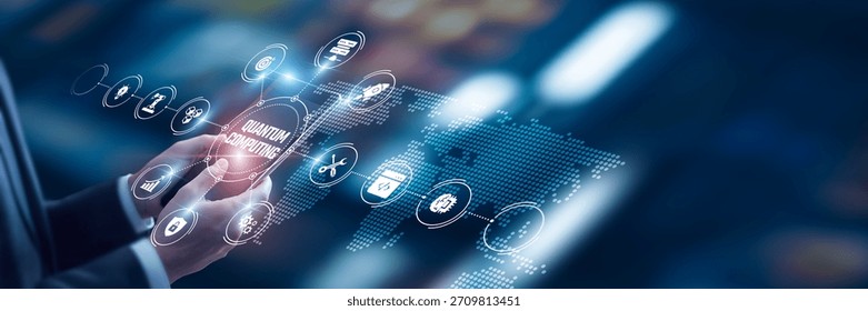 Businessman analysis of data Quantum Computing technological and advanced algorithm frameworks, quantum cryptography tools, supercomputing platforms, next-generation processing.
