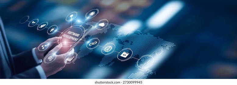Businessman analysis of data Software Development technological and agile coding platforms, full-stack application frameworks, DevOps pipelines, cloud-native development tools, enterprise integration systems.