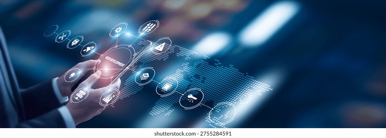Businessman analysis of data Web Development technological and front-end design platforms, full-stack coding frameworks, CMS solutions, responsive website optimization tools, e-commerce integration.