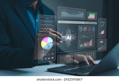 Businessman analysis enterprise data management by AI artificial intelligence technology. Business analytics dashboard charts, metrics, KPI to improve, insight report for operation. Analyst marketing, - Powered by Shutterstock