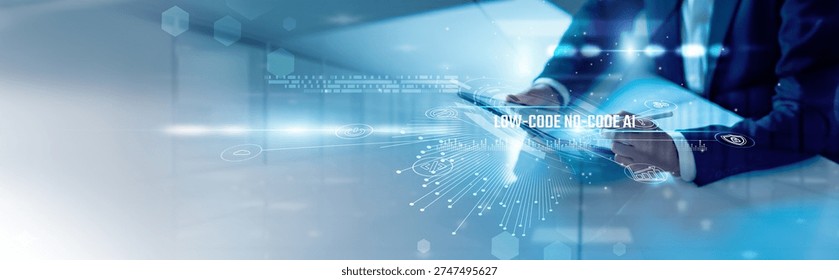 Businessman analysis low-code no-code AI platforms and automation tools, application development, workflow optimization, digital transformation, rapid deployment, enterprise solutions