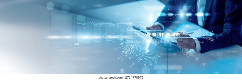 Businessman analysis work in progress and project updates, task monitoring, development stages, workflow improvement, performance tracking, progress reporting