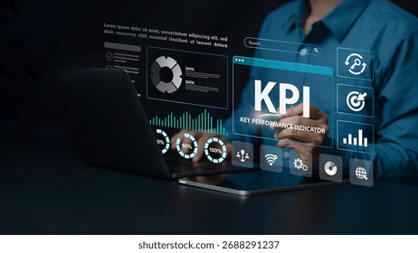 Businessman Analytics Data Dashboard: Key Performance Indicators Monitored by Analyst on Computer. Data System KPI and metrics connected in database for follow earnings, operations, sales data.